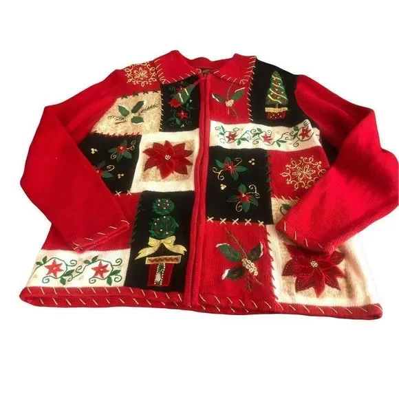 Vintage Shaver Lake Red Poinsettia knit patchwork cardigan sweater sz small - Picture 2 of 5